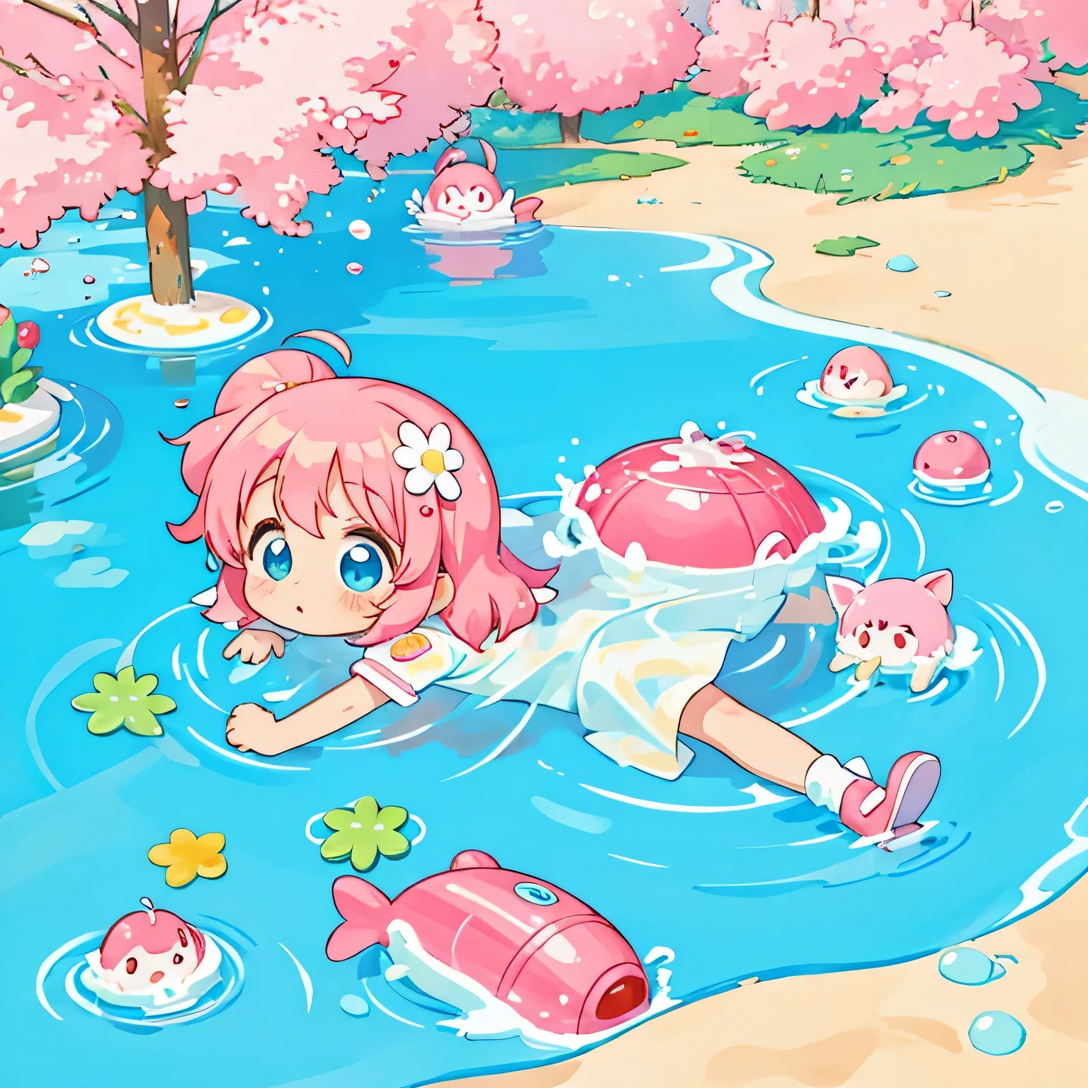 Momoko Sakura colorful style, Kawaii Design, solo, most beautiful girl ever、chibi, (((Water Play))), Cute Aliens