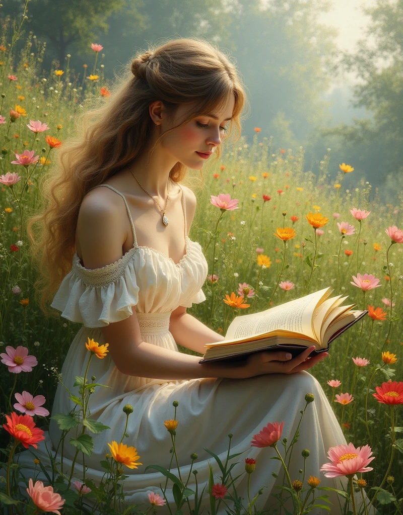 an Oil painting of a woman sitting in a field of flowers reading a book,((in the style of unreal engine 5 art)), ((3d Octane render art style)), fairytale artwork, beautiful render of a fairytale, fantasy fairytale story, romantic storybook fantasy, fairytale painting, storybook art, beautiful fantasy painting, very beautiful fantasy art, sleeping beauty fairytale, storybook fantasy, fantasy beautiful, beautiful female dorothy gale, beautiful adult book fairy, fairy tale, beautiful fantasy art