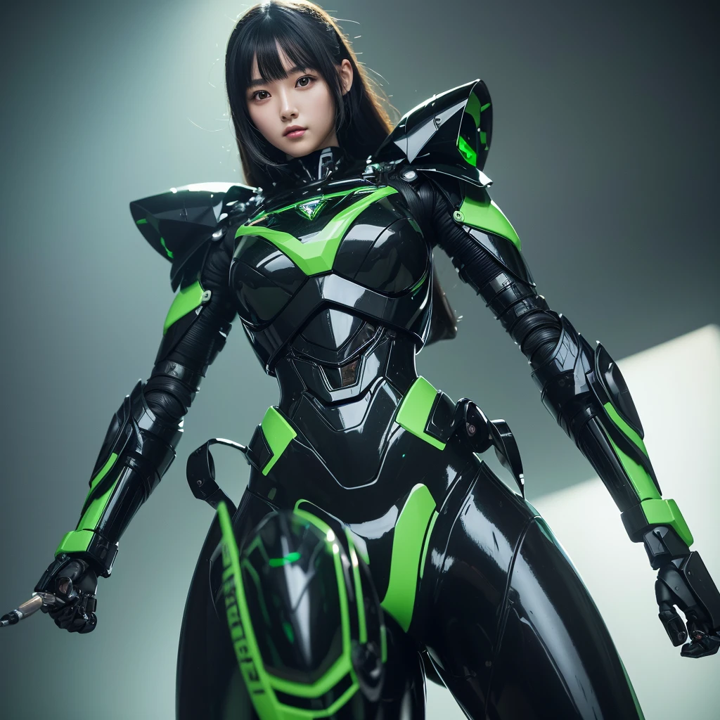 Highest quality,masterpiece,Ultra-high resolution, Very detailed, 8k,Beautiful 2 Japanese woman:1.5,Black Hair、 (Black and green robot suit, Plump, Slightly thicker)