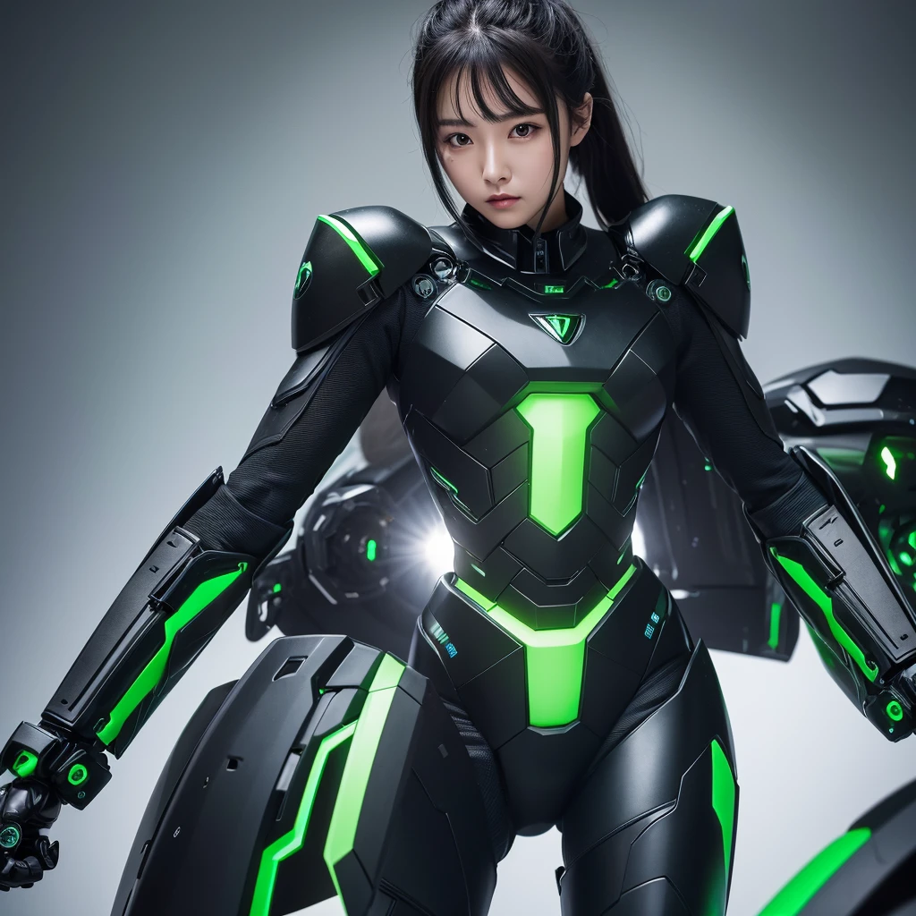 Highest quality，masterpiece，Ultra-high resolution, Very detailed, 8k，Beautiful 2 Japanese woman:1.5，Black Hair、 (Black and green robot suit, Plump, Slightly thicker)