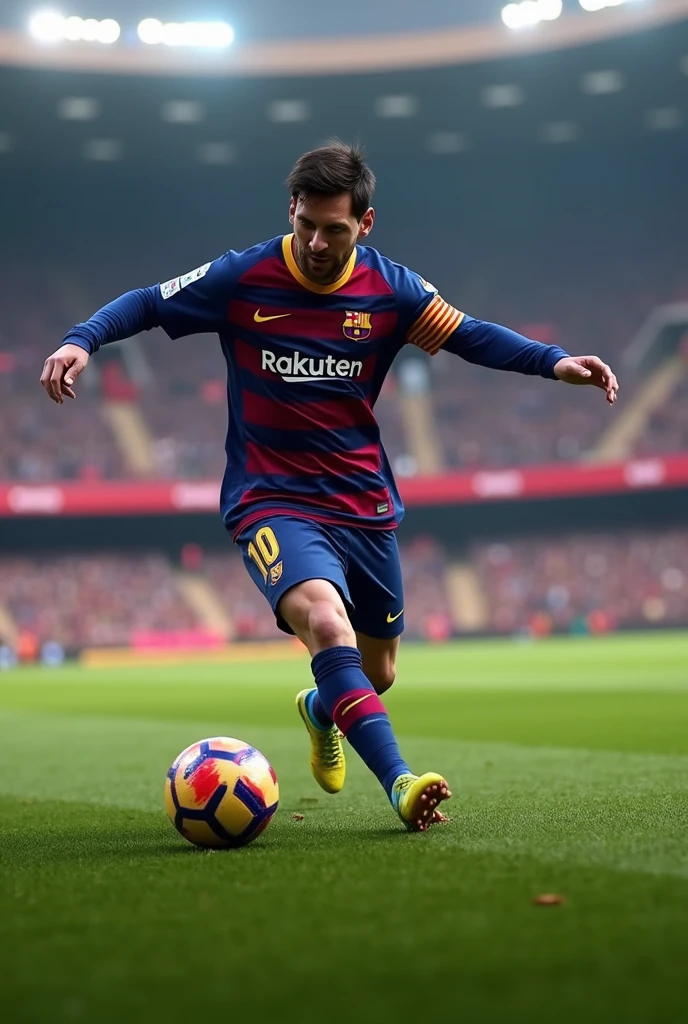 Messi shot the football with barsolona club