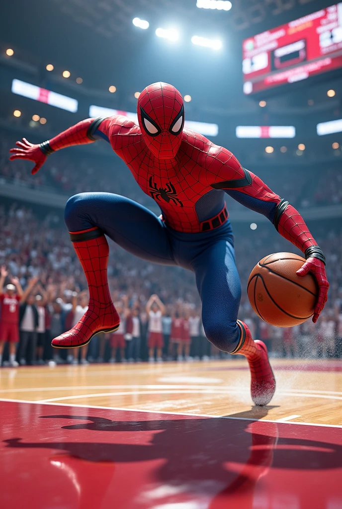 Spider-Man playing basketball, hold basketball hands, in a stadium,stadium is full of crowds