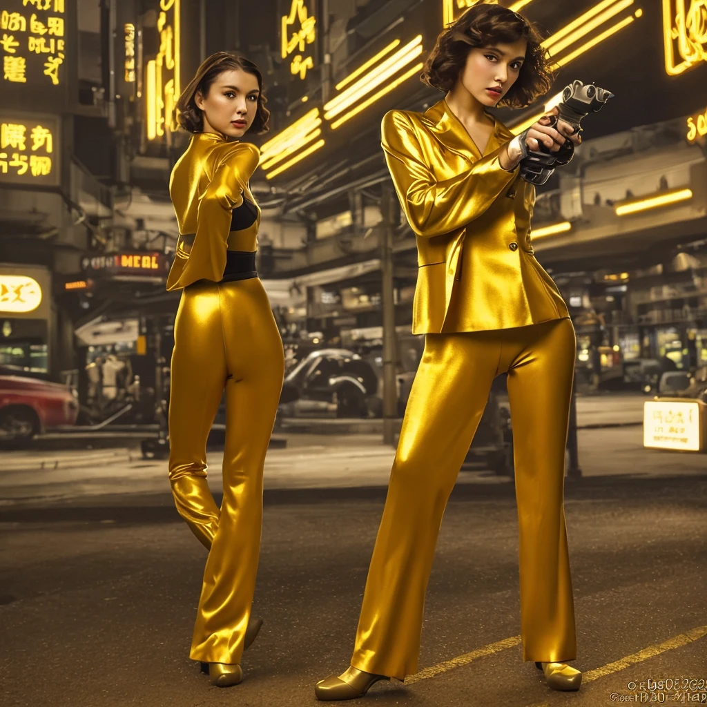 Model actress、Beautiful woman、One Woman、nice、half Japanese and half European、whole body、Wearing a golden mechanic suit、Gun in right hand、Beauty in the 20s、Realistic Skin、Commercial Shooting、Staring at the camera、The background is Cyber City
