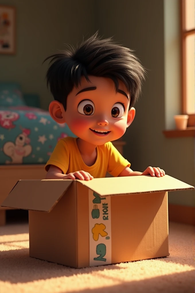 Latino boy opening packing tape on a Pixar-style cardboard box
