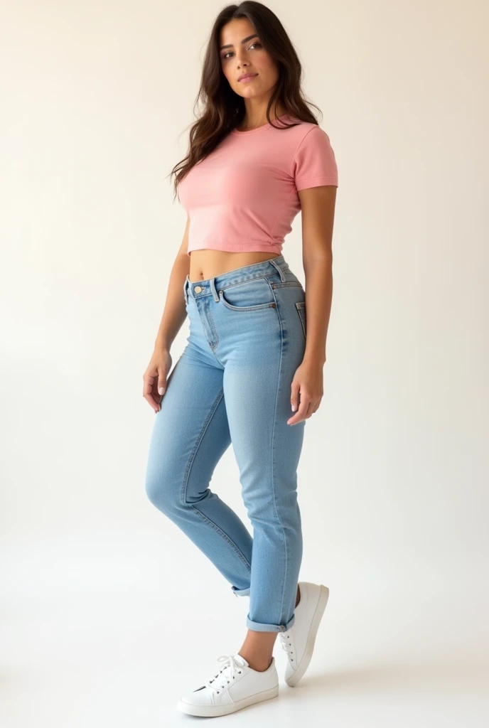 image captured with a Sony α7 III camera, full body shot, hourglass body shape A figure with a narrow, defined waist, balanced proportions between a full bust and rounded hips, creating a smooth, curvy silhouette, young European woman early 20's, fitted waist straight jeans in light Blue color, fitted waist tee in pink color, standing, white shoes, creamy white background standing straight on the camera.