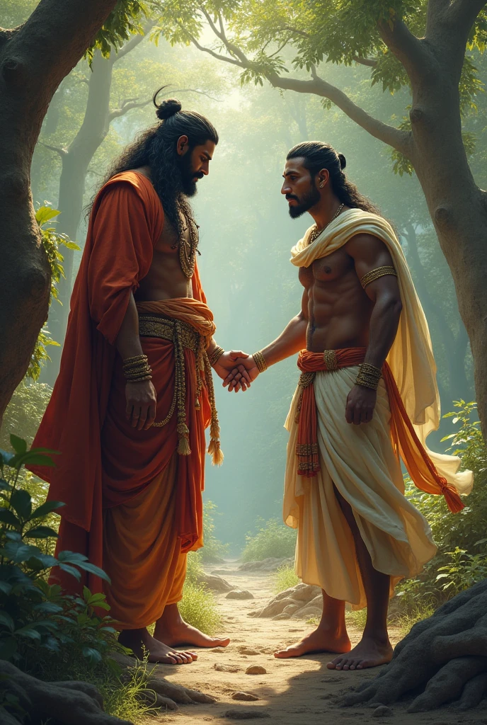 Vishwamitra Demanding Kamadhenu**: An intense moment where King Vishwamitra demands Kamadhenu from Rishi Vashistha. The tension between the two characters is palpable, with the king looking determined and the rishi calm yet firm.