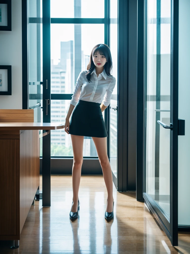8k,RAW photo,best quality,masterpiece,realistic,photo-realistic,slender lady,full body,office,(see through:1.5 mini skirt),simple background,
