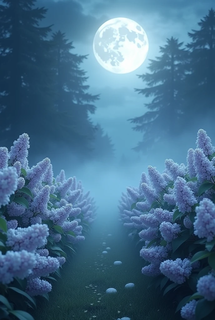 (photorealism:1.2), beautiful garden, nighttime, moonlight, white flowers all over the garden, lilacs, all kinds of flowers, ghostly mist, vast garden