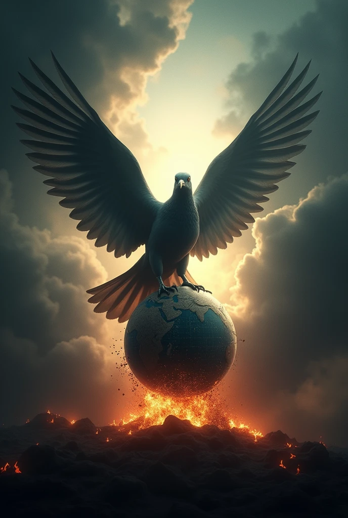 Dove flying silhouette、Holding a globe at his feet、The bottom half of the globe is falling apart、Clouds that look like black smoke all around、Flames burning at the bottom of the screen、