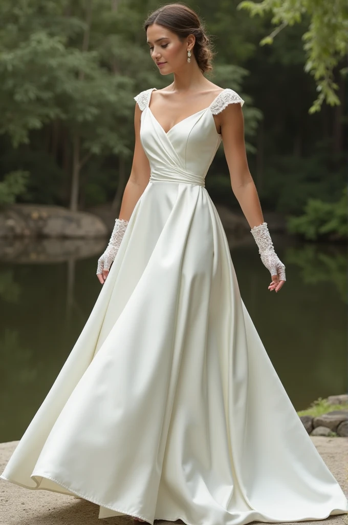 Satin wedding dress with very short sleeves, straight neckline, longskirt, mitts