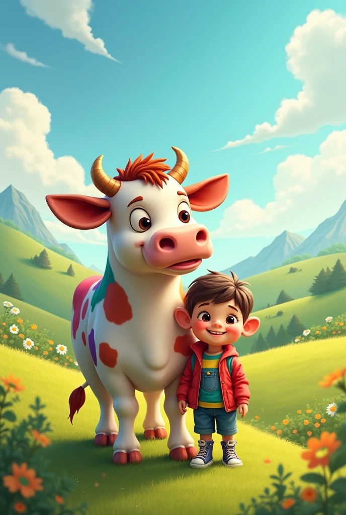 एक गे cow जिसके पास लड़का खड़ा है
