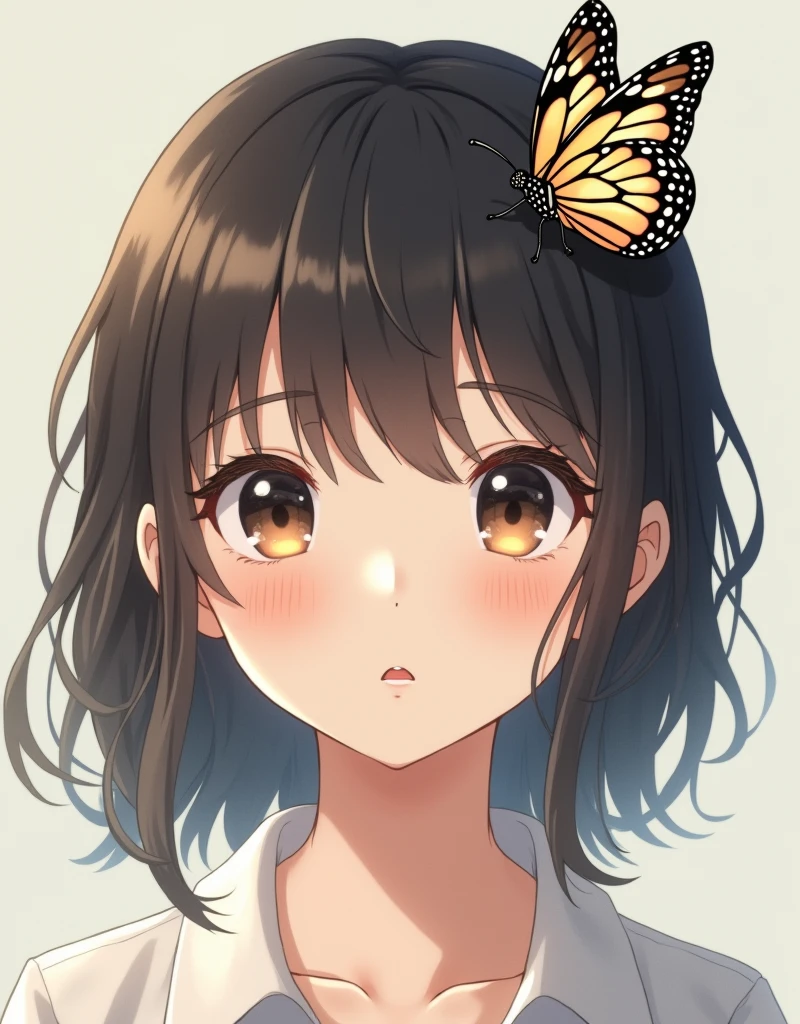 a girl with a butterfly on her head, stunning anime face portrait, beautiful anime portrait, realistic anime art style, realistic anime 3 d style, realistic anime artstyle, kawaii realistic portrait, beautiful and realistic face, cgsociety 9, detailed portrait of anime girl, detailed anime soft face, portrait anime girl, photorealistic anime girl render, realistic - anime