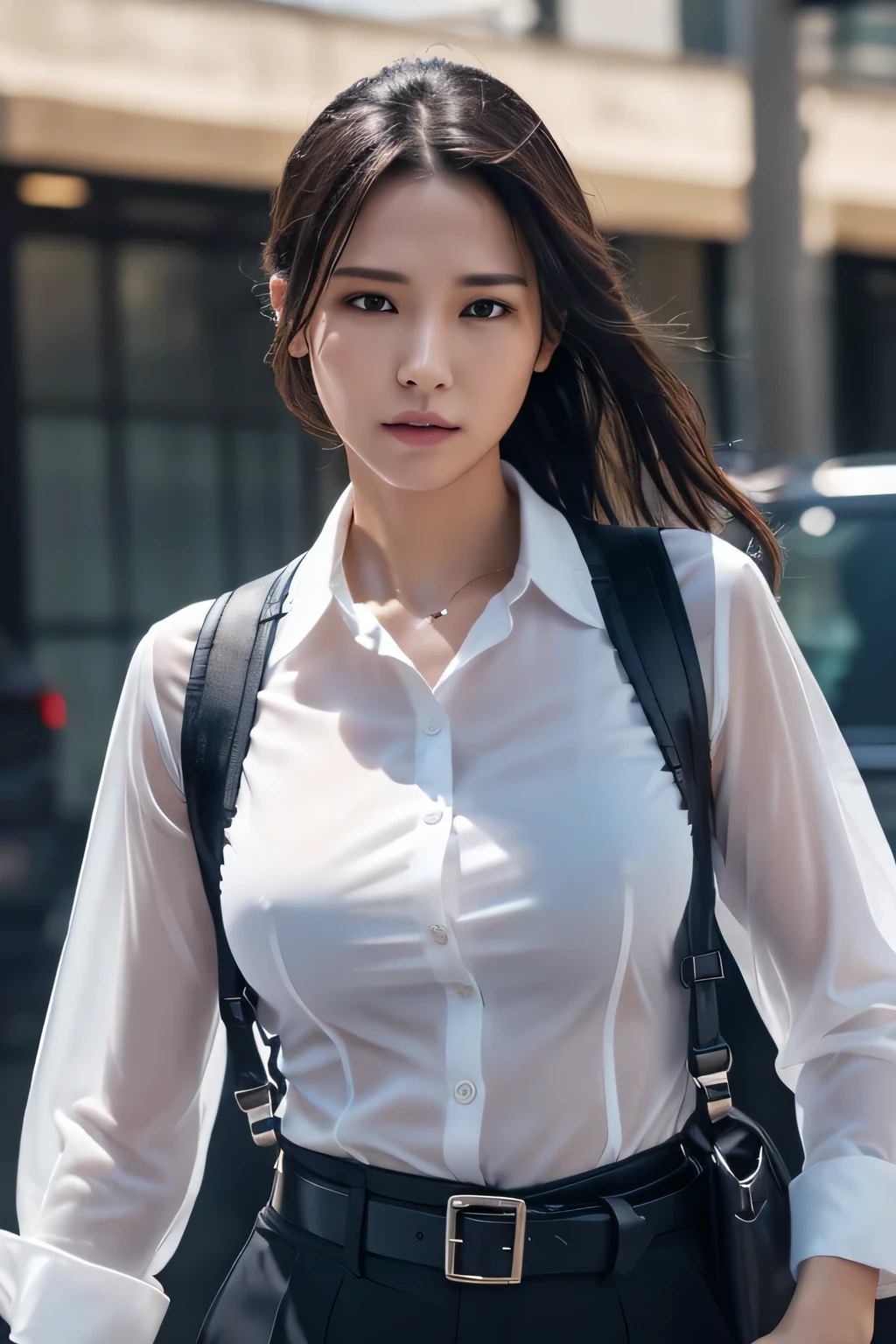 a woman in a suit, belt, hands behind back, sweating, suspenders, black pants, sexly, large breasts, see-through clothing, rain, detective, office worker, white button-up shirt, (best quality,4K,8k,highres,masterpiece:1.2),ultra-detailed,(realistic,photorealistic,photo-realistic:1.37),hyper-detailed,highly detailed face and body, Slender　thin　suspenders　Moderate breasts　See-through shirt　Nipples　holster　chain　Pistol　Armament　criminal　Female criminal　knife 　 Sweat　発Sweat　See-through clothing　summer　脇Sweat　Shortcuts　Raise your hands　surrender
