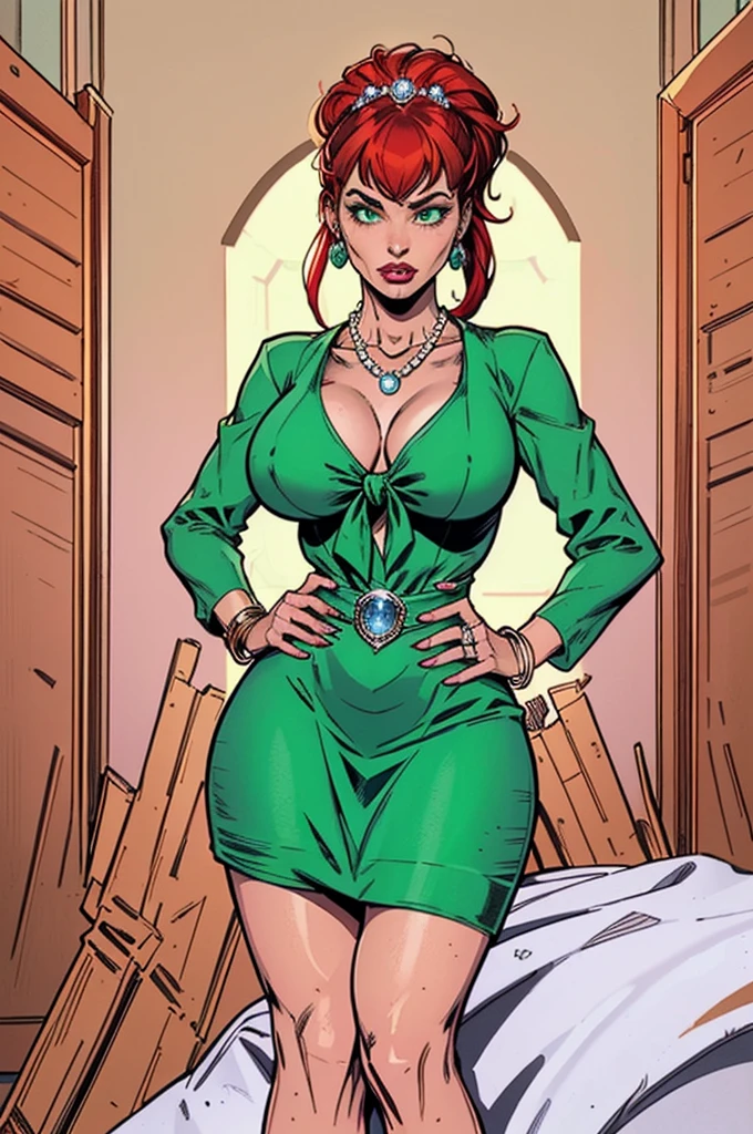 Mary jane wattson,Sculpted calve,Wide hips,Big ,v neck Cleavasleeve Socielite dress,Skindentation,Green dress,Pearl dress,Hoopa bracelet,Green Drop jewel erring,Eyeshadow,((Diamond wedding ring)),Jewelry ring,Fancy Necklace,High ponytail Bun Hairstyle with Blunt bang hair,Short skirt,Heels,gaze on viewer,Fancy House background,1hand on hips,Long nail,Body facing viewer,Enchanced breast,Full tir,Detailed face,Bare nape,Busty,Green eye,Normborn wife