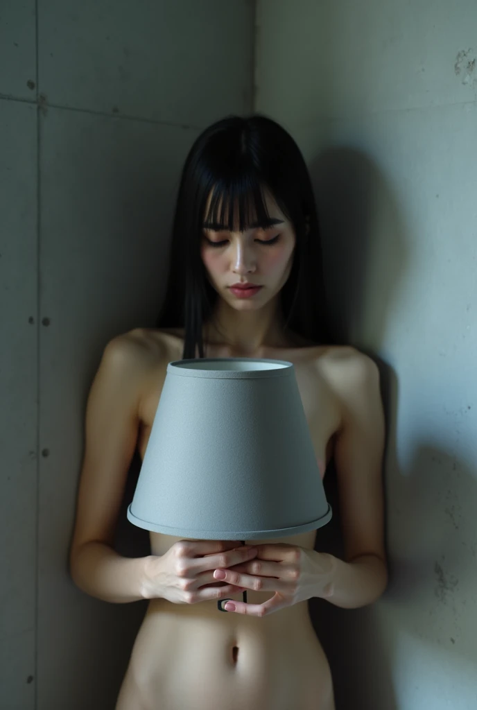 A thin submissive woman with straight black hair tied up covering her breasts,  black eyes is naked in punishment in a corner of a gray wall holding a gray lampshade in front of her body with both hands, she is head down looking down sad expression, ((photographic art)) sad punishment thoughtful, natural beauty Slightly monochromatic image tone.