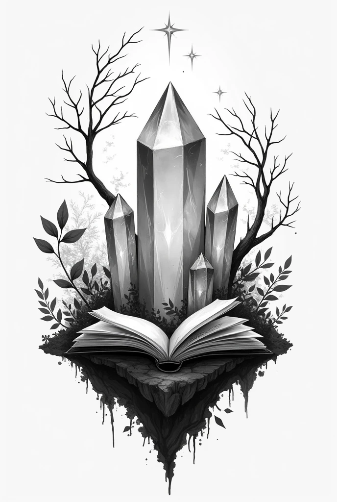 Crystal logo that mixes demons, heaven, forest, books, simple and elegant. Black and white images