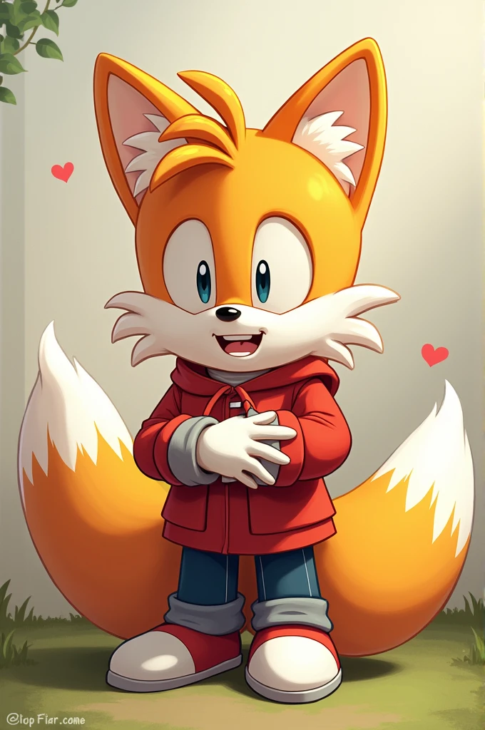 Tails happily hugging a boy with his arms crossed with his shoes and gloves on