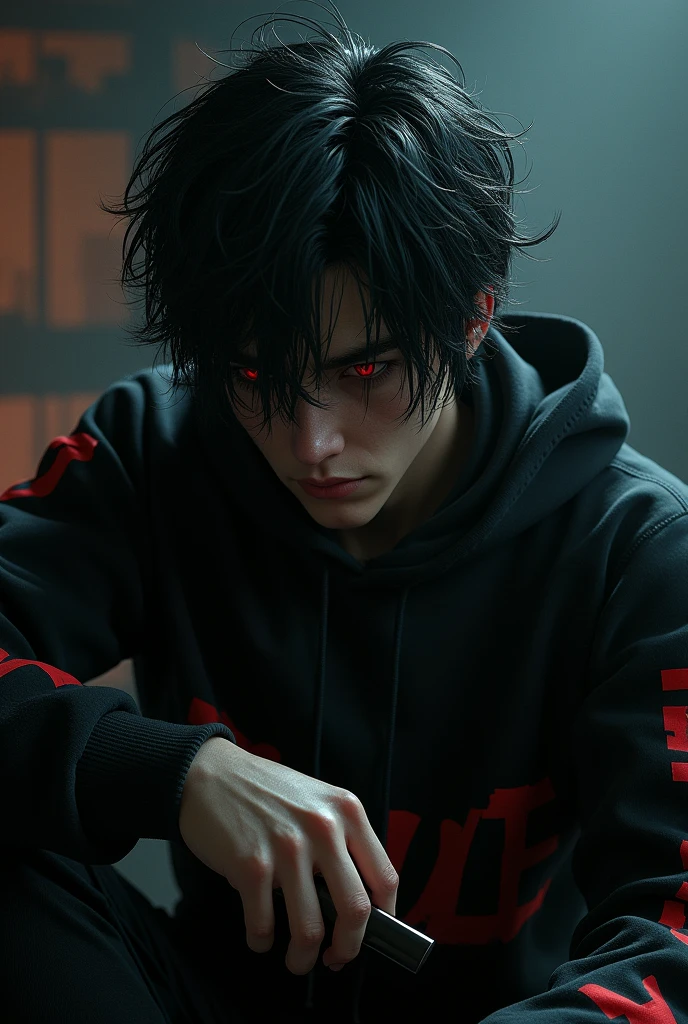AN unconscious male character with red eyes, black hair tossed to one side, black sweatshirt with red details, and a katana 