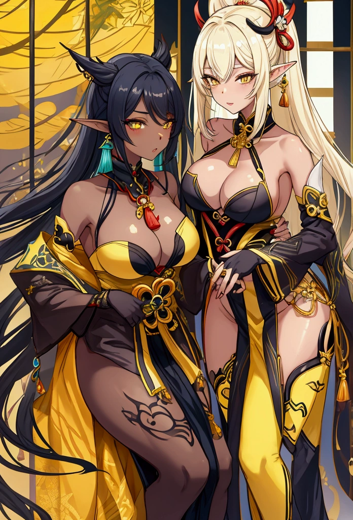 genshin oc, yellow, sexy, large breasts, elf ears, dark skin