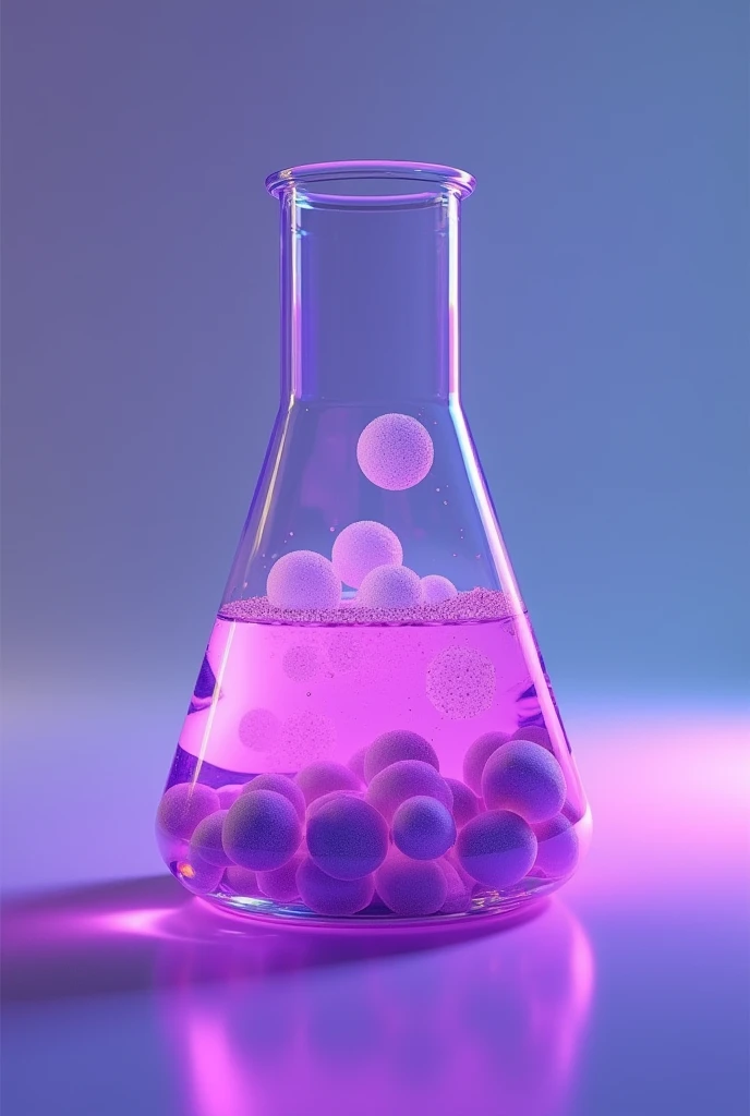 Draw a cylindrical laboratory beaker with a white background, which is half filled with gray sulfuric acid and white spherical TiO2 particles, and the ultraviolet light shines on it, the color of the light is purple.