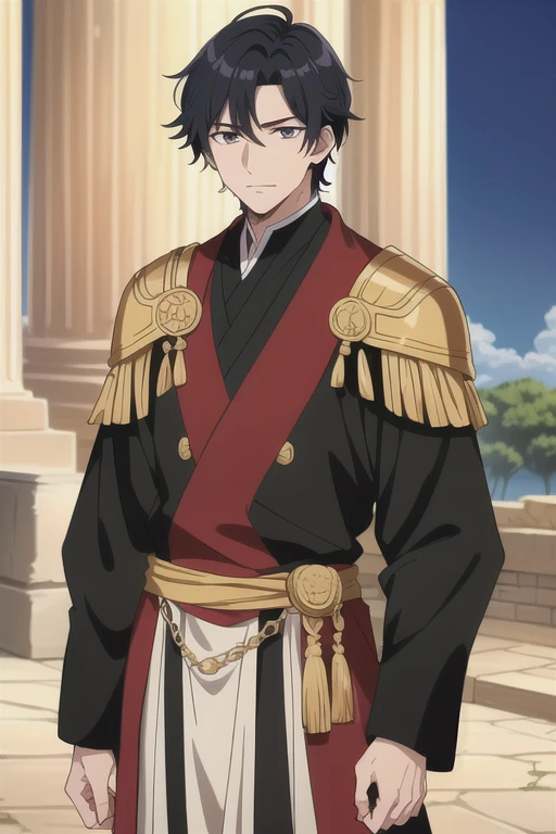 Ancient Greece, (アニメ), 1 young prince, da Ancient Greece, black clothes, handsome man, Bblack hair, eyes black, ((roupas da Ancient Greece))

