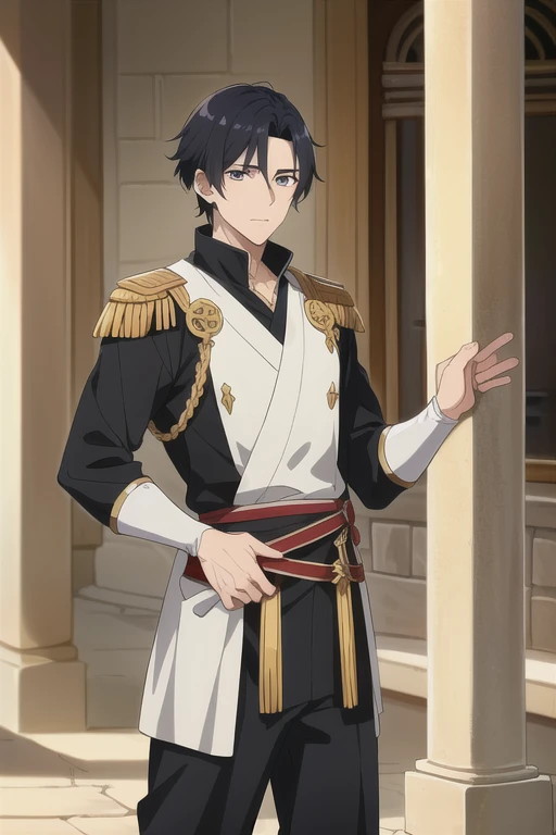 Ancient Greece, (アニメ), 1 young prince, da Ancient Greece, black clothes, handsome man, Bblack hair, eyes black, ((roupas da Ancient Greece))
