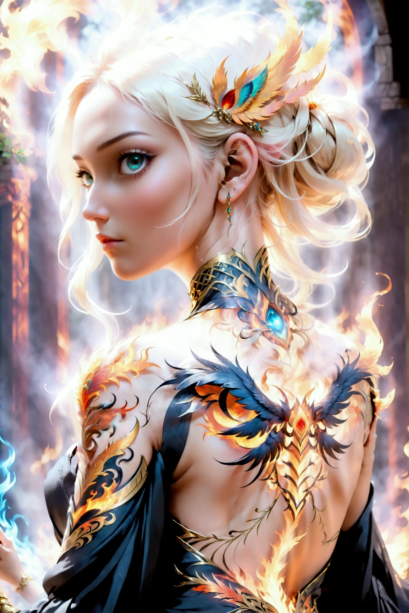 watercolor art, fantasy art, goth art, a picture of a tattoo on the back of a female elf, a glowing tattoo of a ((phoenix: 1.3)) on the elf's back, the ((phoenix tattoo)) is vivid, intricate detailed coming to life from the ink to real life, ((fire surrounds the phoenix: 1.5)), shoot taken from the back, ((the back is visible: 1.3), a most beautiful elf, exquisite beauty, small pointed ears, long hair,  she wears a transparent black dress, the dress is elegant, flowing, elven style, that the tattoos glow, blond hair color, dynamic hair style, cinematic light, High Detail, Ultra High Quality, High Resolution, 16K Resolution, Ultra HD Pictures, 3D rendering Ultra Realistic, Clear Details, Realistic Detail, Ultra High Definition,Comistyle, faize, art by mooncryptowow