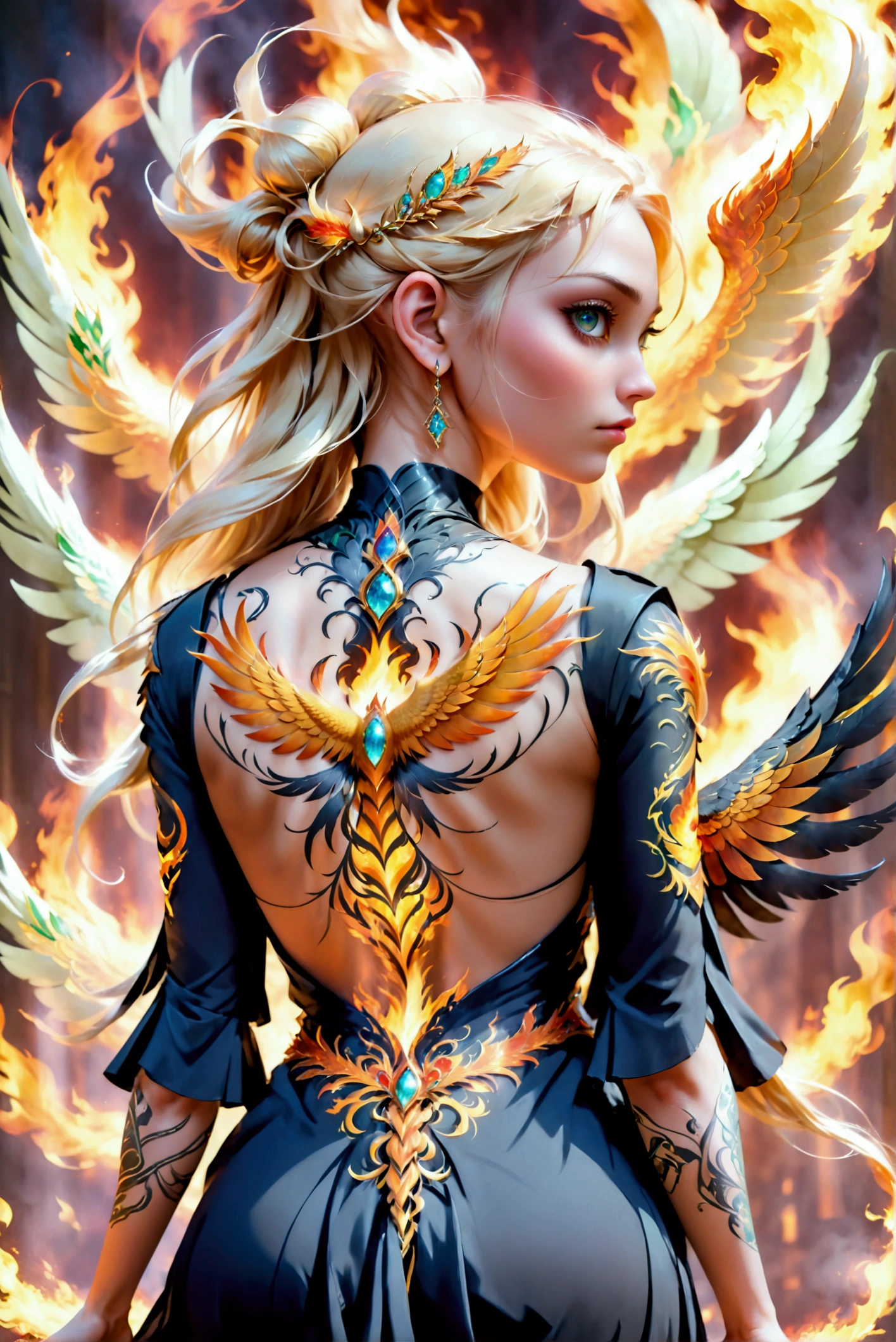 watercolor art, fantasy art, goth art, a picture of a tattoo on the back of a female elf, a glowing tattoo of a ((phoenix: 1.3)) on the elf's back, the ((phoenix tattoo)) is vivid, intricate detailed coming to life from the ink to real life, ((fire surrounds the phoenix: 1.5)), shoot taken from the back, ((the back is visible: 1.3), a most beautiful elf, exquisite beauty, small pointed ears, long hair,  she wears a transparent black dress, the dress is elegant, flowing, elven style, that the tattoos glow, blond hair color, dynamic hair style, cinematic light, High Detail, Ultra High Quality, High Resolution, 16K Resolution, Ultra HD Pictures, 3D rendering Ultra Realistic, Clear Details, Realistic Detail, Ultra High Definition,Comistyle, faize, art by mooncryptowow
