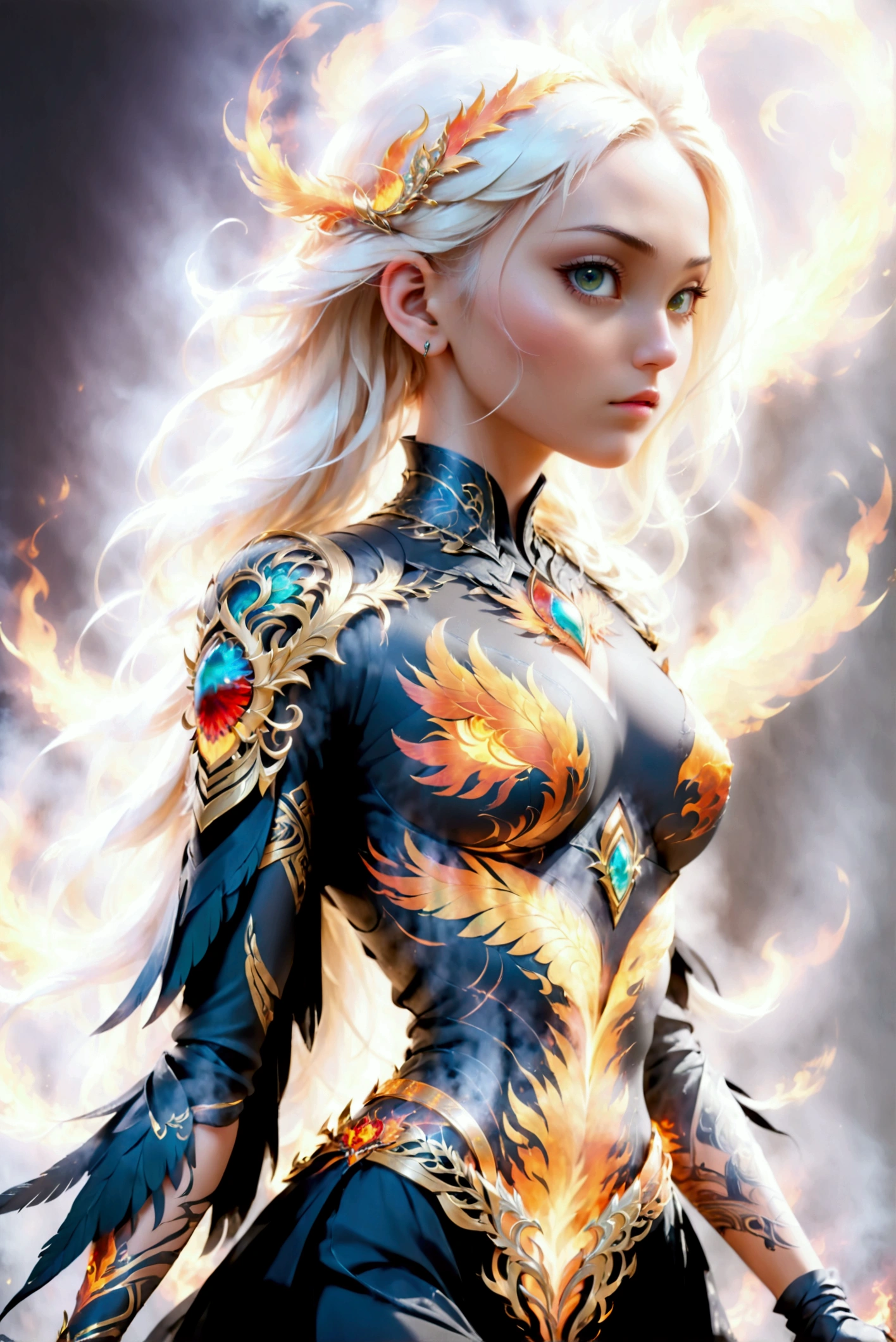 watercolor art, fantasy art, goth art, a picture of a tattoo on the back of a female elf, a glowing tattoo of a ((phoenix: 1.3)) on the elf's back, the ((phoenix tattoo)) is vivid, intricate detailed coming to life from the ink to real life, ((fire surrounds the phoenix: 1.5)), shoot taken from the back, ((the back is visible: 1.3), a most beautiful elf, exquisite beauty, small pointed ears, long hair,  she wears a transparent black dress, the dress is elegant, flowing, elven style, that the tattoos glow, blond hair color, dynamic hair style, cinematic light, High Detail, Ultra High Quality, High Resolution, 16K Resolution, Ultra HD Pictures, 3D rendering Ultra Realistic, Clear Details, Realistic Detail, Ultra High Definition,Comistyle, faize, art by mooncryptowow