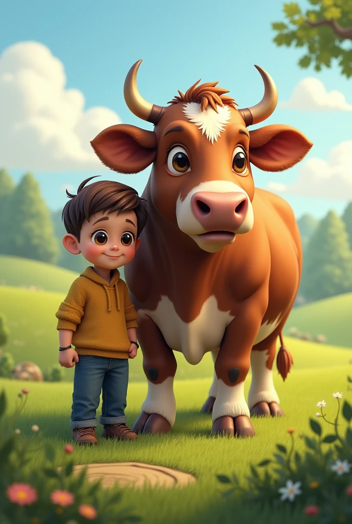 एक cow जिसके पास लड़का खड़ा है real