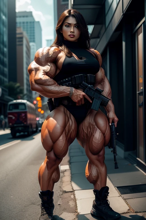 Photorealistic, high resolution, 1 malay woman, Solo, Hips up, Battlefield background,view the viewer, (Detailed face), Nude, naked in public, sniper rifle handle, muscles shredded, bulletproof vest, Holding an assault rifle, M16, Inside the city, Very detailed, Perfect face, Black eye, jewelry, (full body view), Lifelike