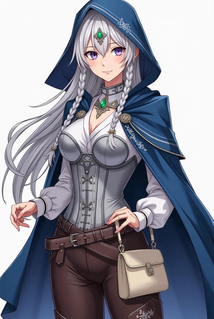 Lavender eyes. Magician People Woman, with long braided white hair.  Blue cape decorated with silver embroidery and a detached hood. silver full breast corset, white blouse and brown pants as well as boots. Silver collar with emerald and silver headband with emerald Brown belt with cream colored bag Manga style