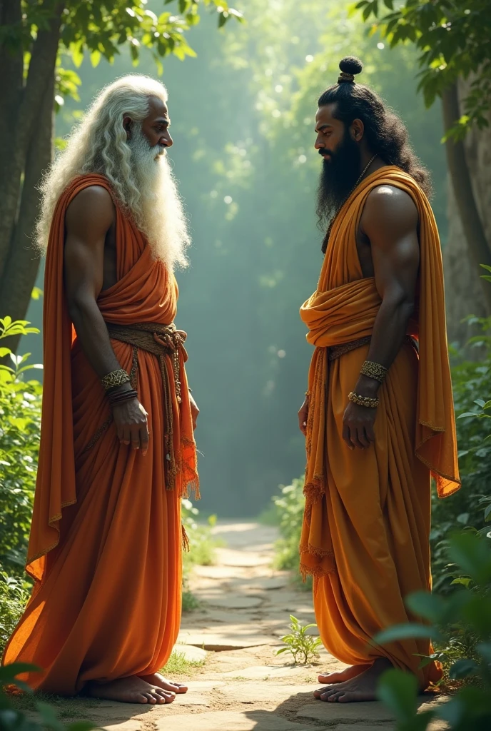 Vashistha Refusing to Give Kamadhenu**: Rishi Vashistha, with a composed expression, gently refusing King Vishwamitra’s demand for Kamadhenu, signifying his unshakable principles.