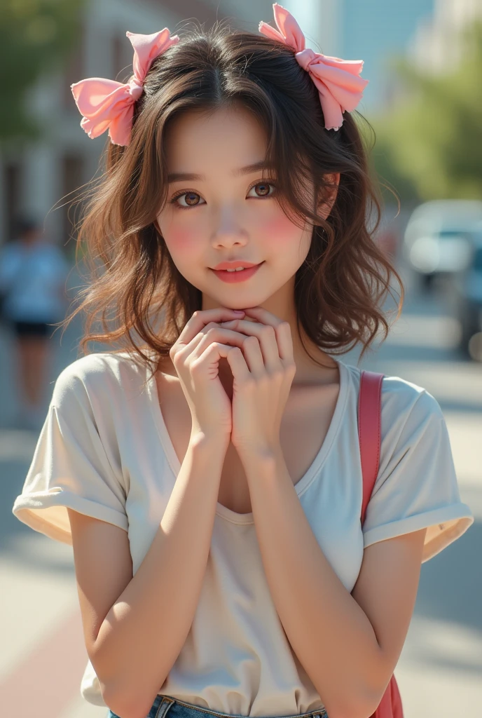 (masutepiece), (Portrait), (Aesthetic), (Beautiful), (upper blody), (High quality), (aesthetic clothings), (professional angle), (thirds rule), (Feminine), (Woman), (Female), (Beautiful),(Feminine features), (25-years old), (Solo), (1), 1 woman, (Fascinating Japanese), Summer, Natural light, (Sitting), Fresh Makeup, (Small bust), ((Hold -)), (Front face), (Smiling expression), ((Happy and cute mood)), head band, ((Medium Hair)), (Brown hair), (Wavy Hair), (Silky hair), Shiny hair, (Hairpins and ribbons for hair), (Brown eyes), (Playful and young々Appearance), (Fair skin), (pastel clothing), (T-shirt), (Denim shorts), (sneakers), Scoop Neckline), ((Urban background)), (- In the background), (Medium Shot Shot), Beautiful hands, Two hands, normal hands, Two arms, complete hands, Beautiful body, Beautiful fingers, normal fingers, Five Fingers, Five Fingers, (Thumb index finger ring finger), Beautiful ears, normal ears, Beautiful eyes, shiny eyes, Beautiful mouth, Beautiful lips,
