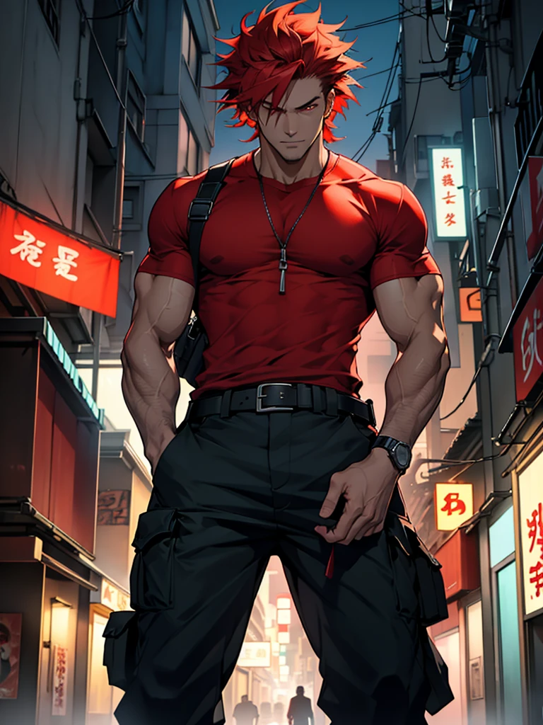 a tall muscular man with red messy hair and red eyes, wearing a tight t-shirt and cargo pants, standing on a dark tokyo street at night, gun on his belt, highly detailed. Young guy. Handsome guy.High detail. Attention to detail. High image quality. Portrait. NOT FULL LENGTH