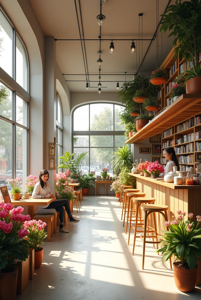 Interior building of a modern aesthetic and a light vibe of café with flower shop (flowers are mostly roses, tulips, etc.) and book shop. EMPHASIZING the name of the shop "BLOOM & BREW BIBLIOTHECA".