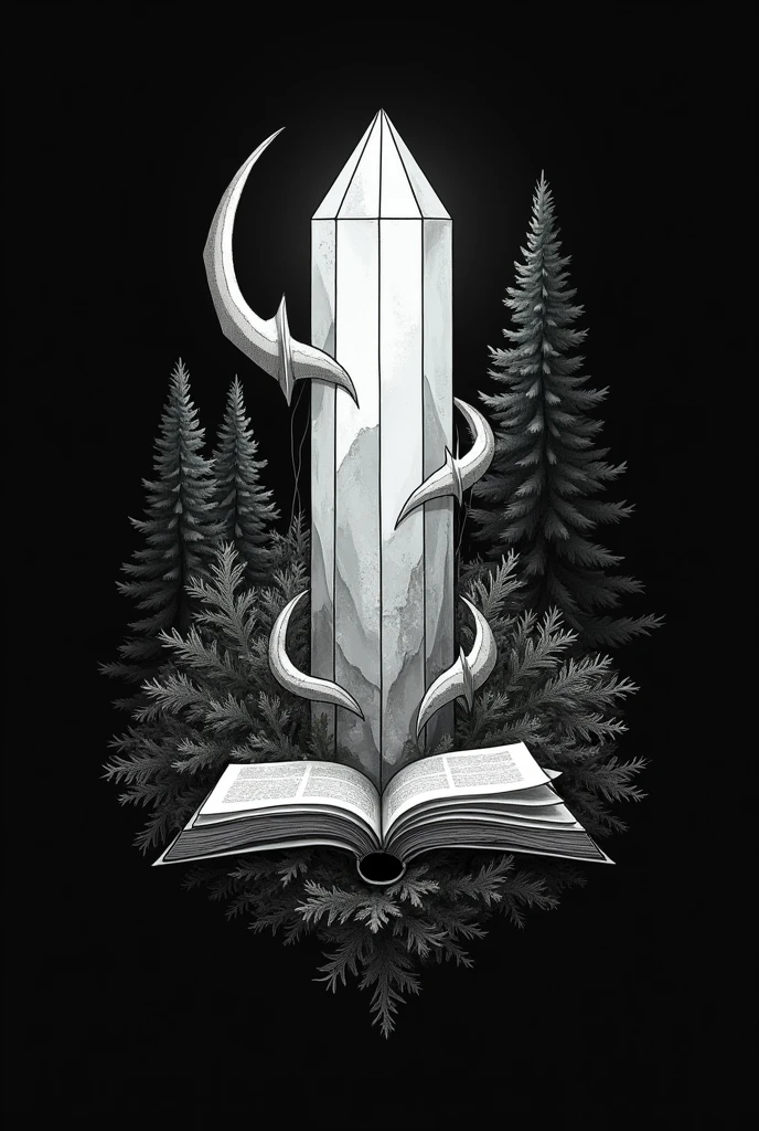 Crystal logo that mixes demons, heaven, forest, books, simple and elegant. Black and white imagesIt's simple.