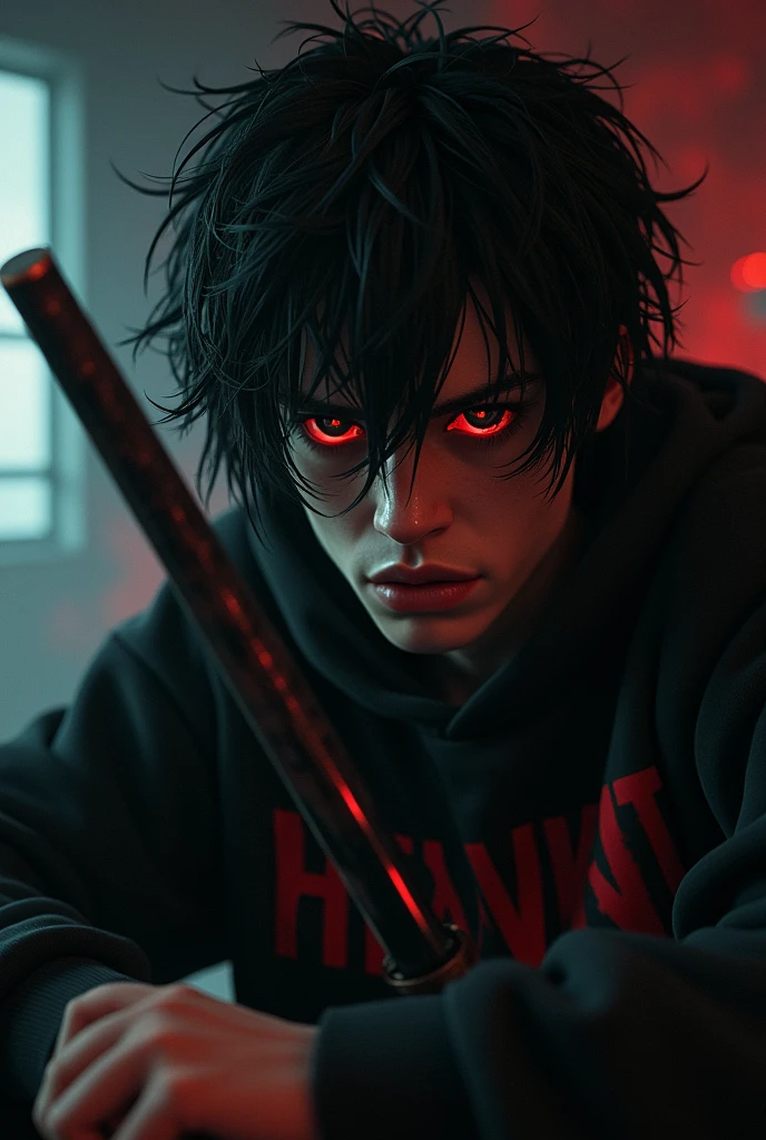 AN unconscious male character with red eyes, black hair tossed to one side, black sweatshirt with red details, and a katana