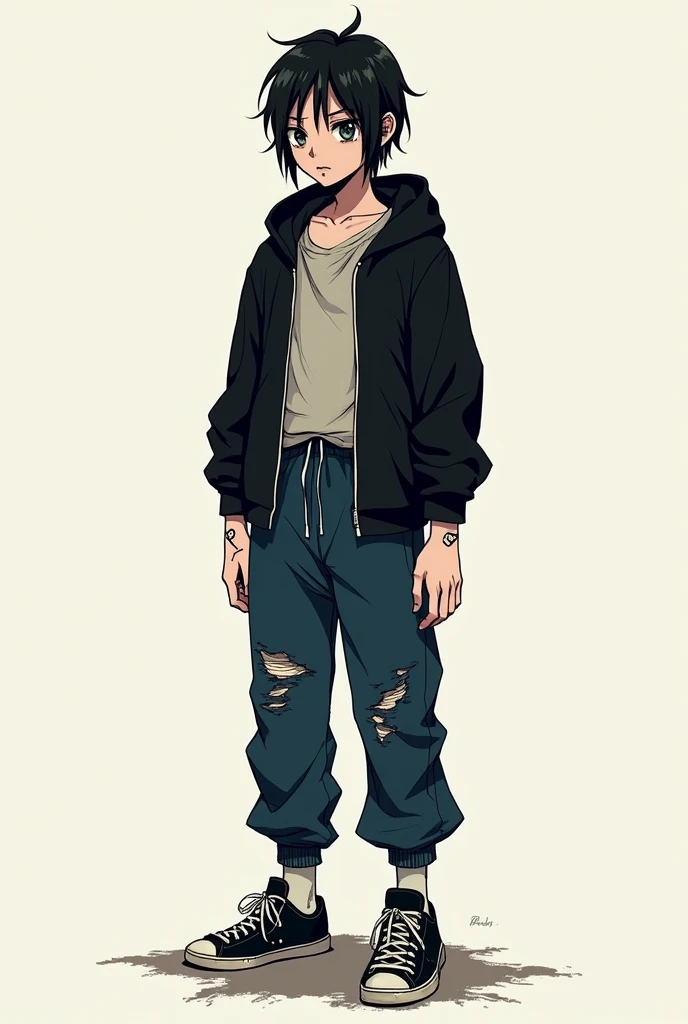 I need 3 manga style sketches of that character. Could you describe the protagonist? Height: 1,78 m Build: Thin and somewhat unkempt, with signs of malnutrition.
face: oval, with traits marked by a lack of personal care.
eyes: red, which can give it a disturbing and exotic air.
canine fangs: Highly developed, standing out more than usual.
scars: Noticeable on the wrists, that could suggest stories of suffering or struggle.
CLOTHES:
jacket: black, worn and possibly dirty, found in the trash.
pants: sports, deep blue, tight on the legs but with holes, which indicates extensive use and little care.
shoes: sports, black, also used and in poor condition. the character is human
