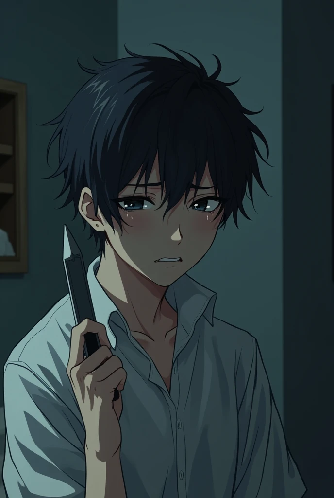 Anime sadboy suicide in his room cutting wrist with cutter