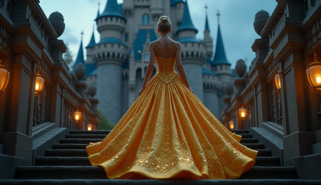 walk, Turn your back.,Cinderella in golden dress, Exterior of the castle, stairs,night time