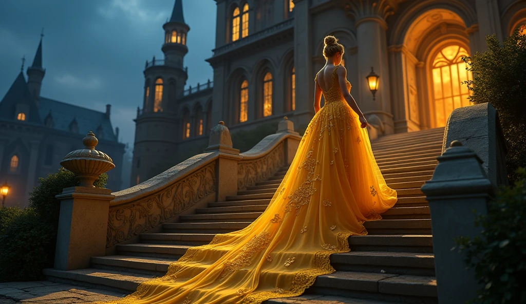 walk, Turn your back.,Cinderella in golden dress, Exterior of the castle, stairs,night time
