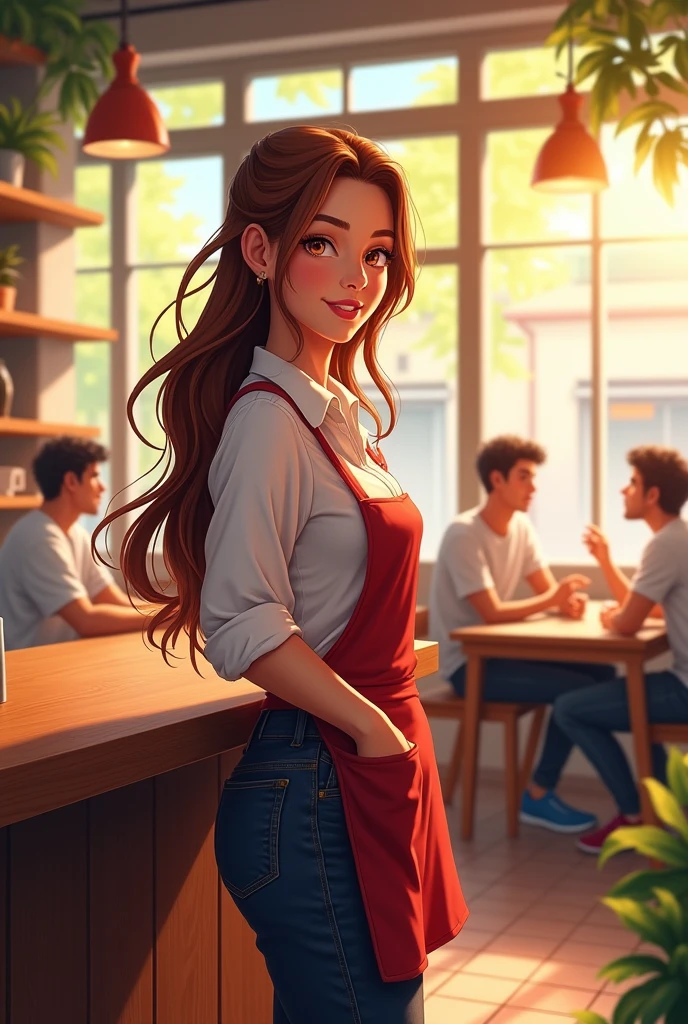 A young woman with a warm smile and a friendly demeanor works behind the counter of a bustling cafe. She's dressed in a casual, yet stylish outfit of a white blouse, dark jeans, and a red apron. Sunlight streams through the cafe's large windows, illuminating her long, flowing brown hair. A group of male customers sit at a nearby table, watching her with admiration.