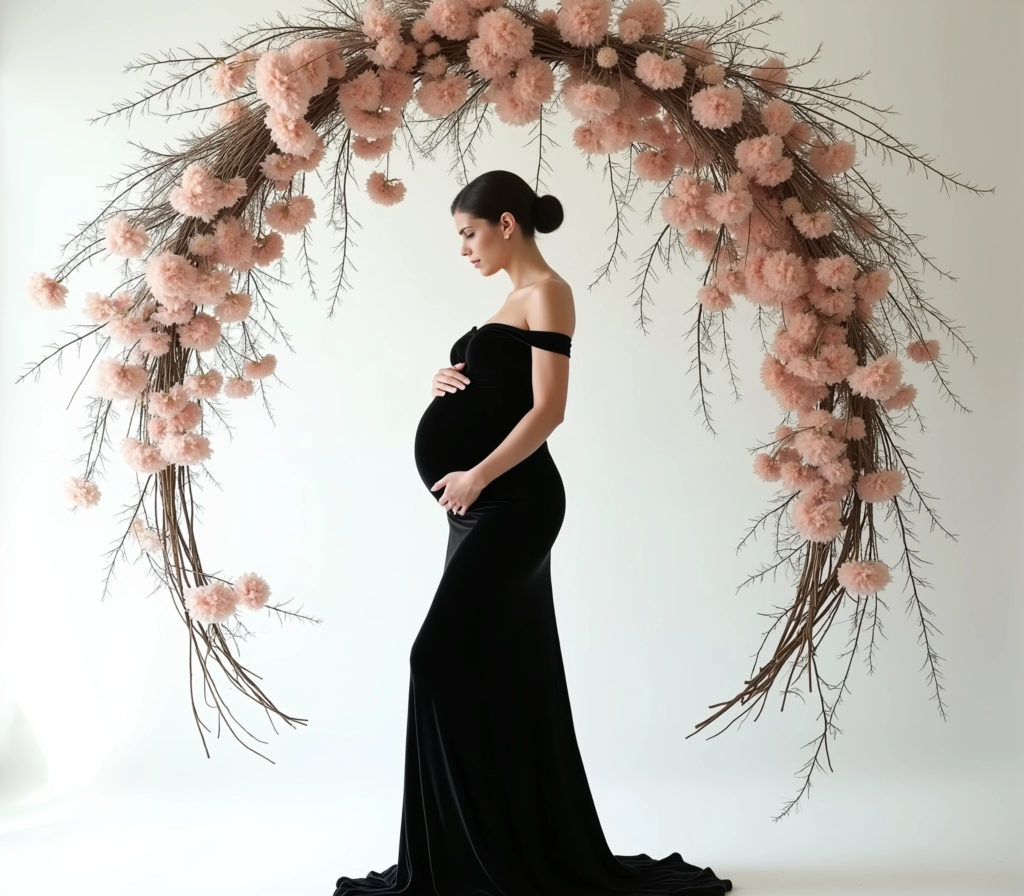 pregnant woman in black gown standing in front of floral arch, a picture inspired by Gabriel Ba, tumblr, conceptual art, black gown, maternal photography 4 k, flowing black gown, draped in velvet and flowers, stunning elegant pose, long luxurious gown, modest flowing gown, !!beautiful!!, long luxurious flowing gown, in front of white back drop, amazing professional picture