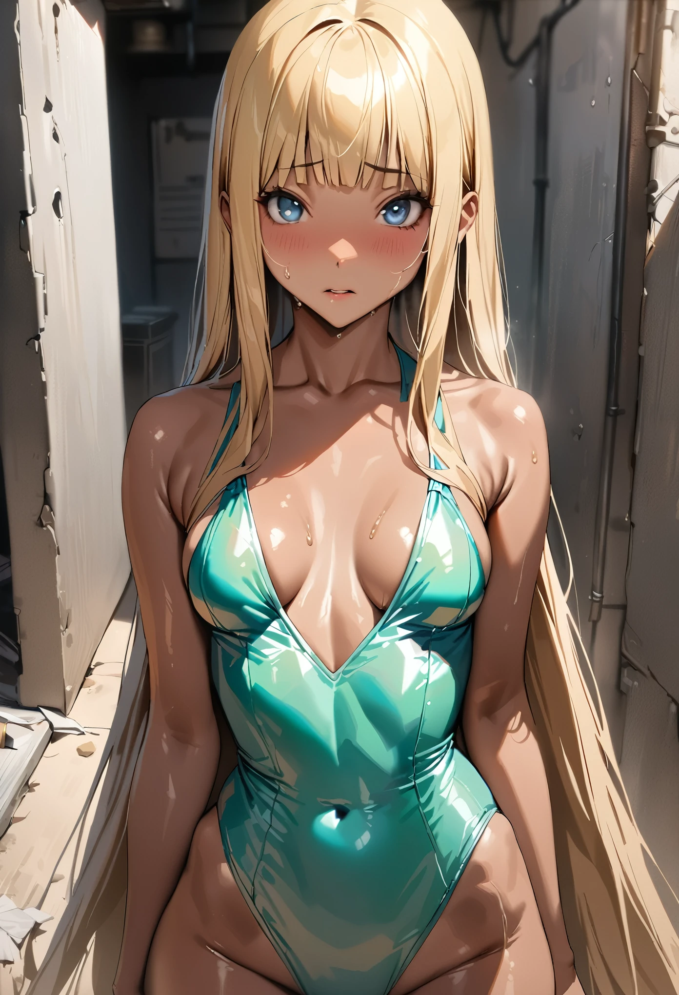 ((masterpiece,best quality anime,Highest quality:1.3)),realistic,cowboy shot,1woman,独奏,(2 beauty),((very small head:1.4)),((very long body:1.4)),blonde hair,straight long hair,gorgeous big eyes,Blue eyes,((tan skin:1.3)),((slender body:1.4,skinny)),((Light green leotard))、clavicle、shoulder, (white_thighhighs),medium breasts,gleaming skin,shiny skin,oily skin:1.3,sweat,Concrete wall、basement,Jail、