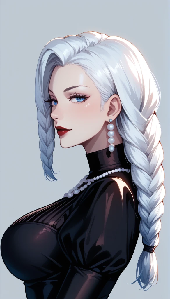 score_9, score_8_up, score_7_up, score_6_up, score_5_up, score_4_up, Gothic mei mei , blue eyes, white hair braid, large breasts, necklace,big pearl ornament earrings ,red lipstick , detailed eyes , big breasts, gothic dress