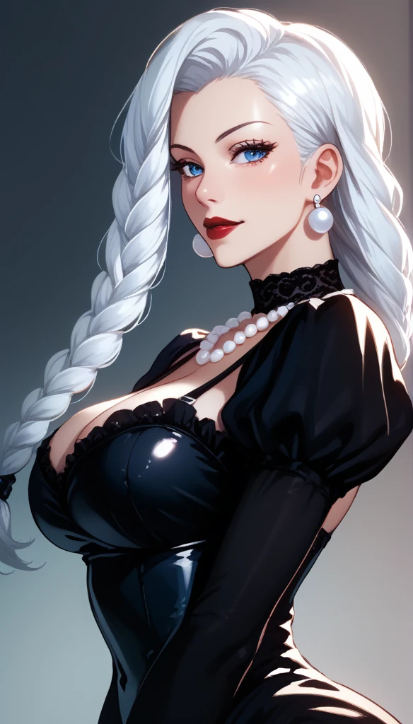 score_9, score_8_up, score_7_up, score_6_up, score_5_up, score_4_up, Gothic mei mei , blue eyes, white hair braid, large breasts, necklace,big pearl ornament earrings ,red lipstick , detailed eyes , big breasts, gothic dress