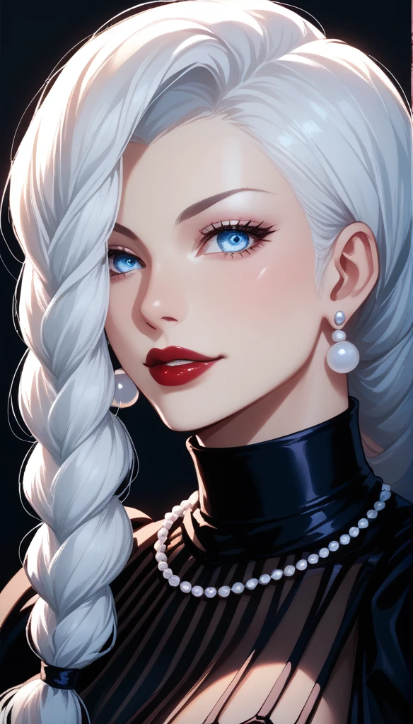 score_9, score_8_up, score_7_up, score_6_up, score_5_up, score_4_up, Gothic mei mei , blue eyes, white hair braid, large breasts, necklace,big pearl ornament earrings ,red lipstick , detailed eyes , big breasts, gothic dress
