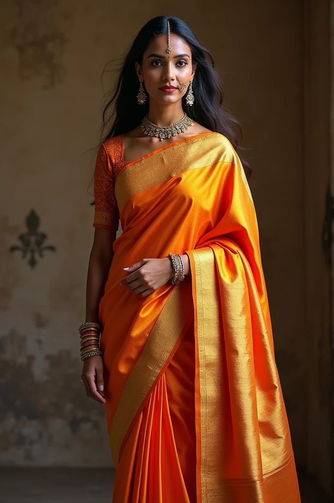 Medium size Tan skin Tamil bride in grand kanchipuram saree in single pleat and without necklace