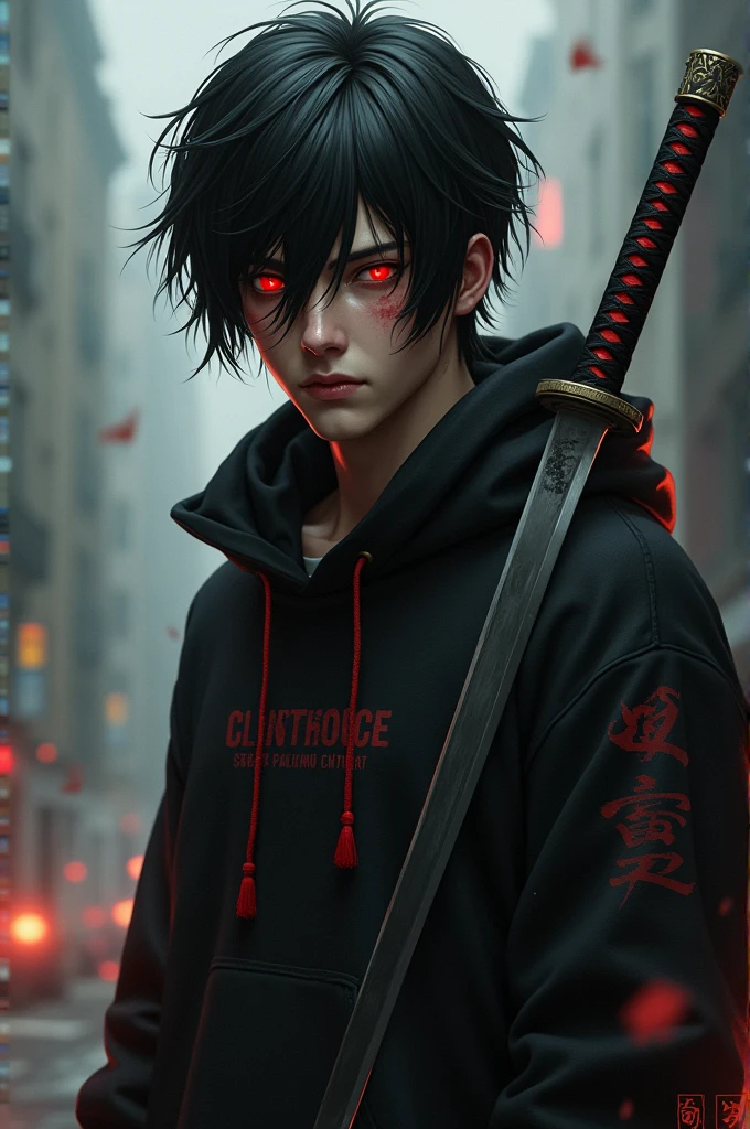A wounded male character with red eyes, black hair tossed to one side, black sweatshirt with red details and a katana
